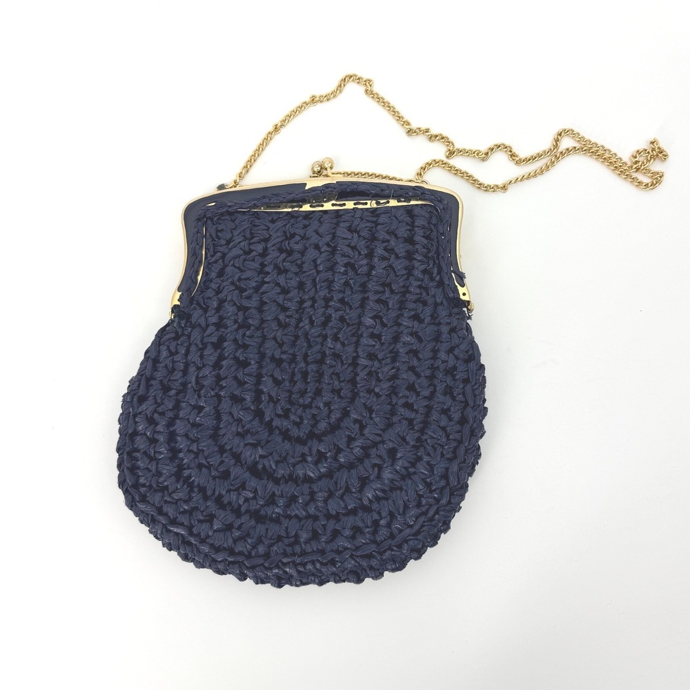 Vintage Walborg Navy Blue Raffia Crochet Kiss Lock‎ Evening Bag Made in Italy